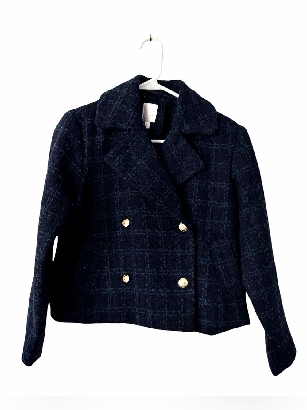 LC Lauren Conrad Navy Plaid Pea Coat Gold Buttons XS NWT